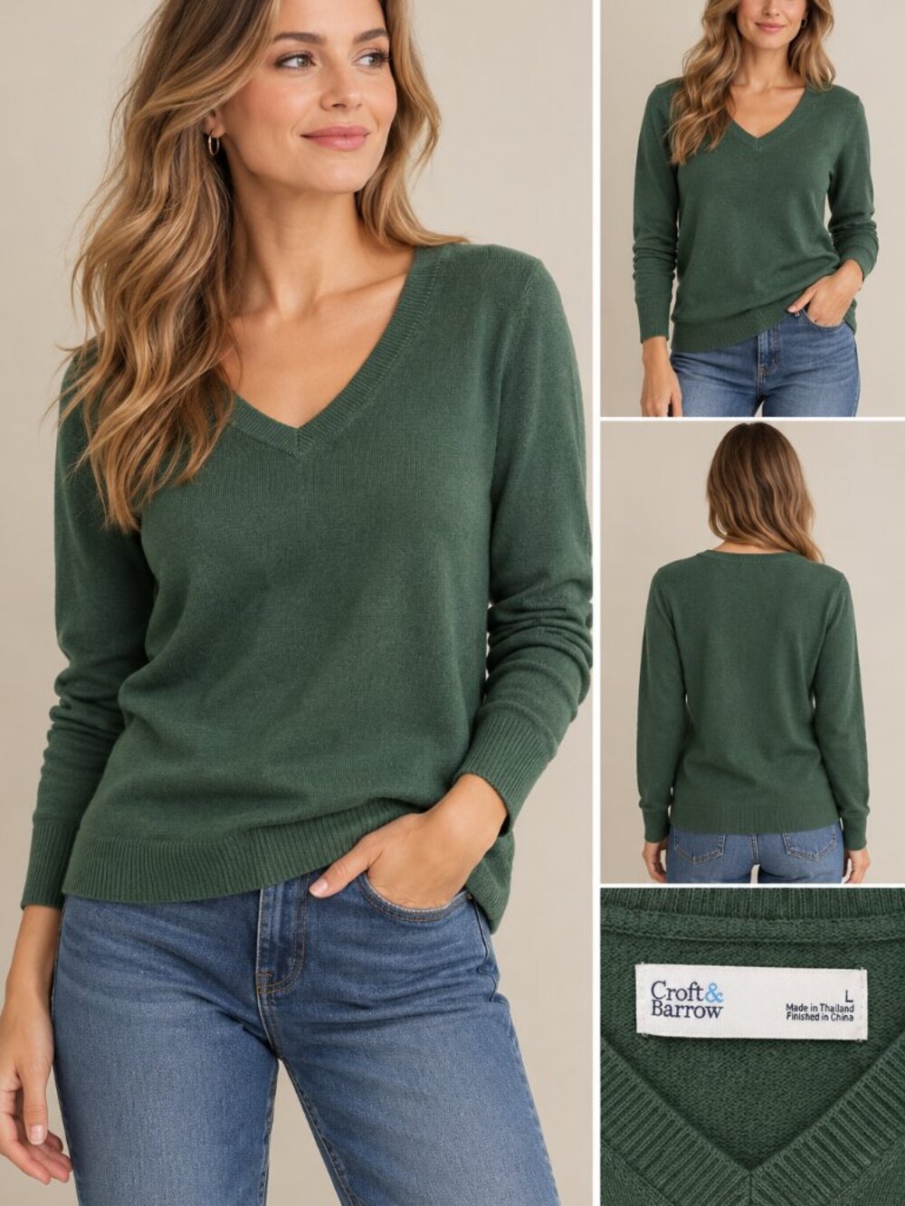 Croft & Barrow Soft Knit V-Neck Sweater Green Size L